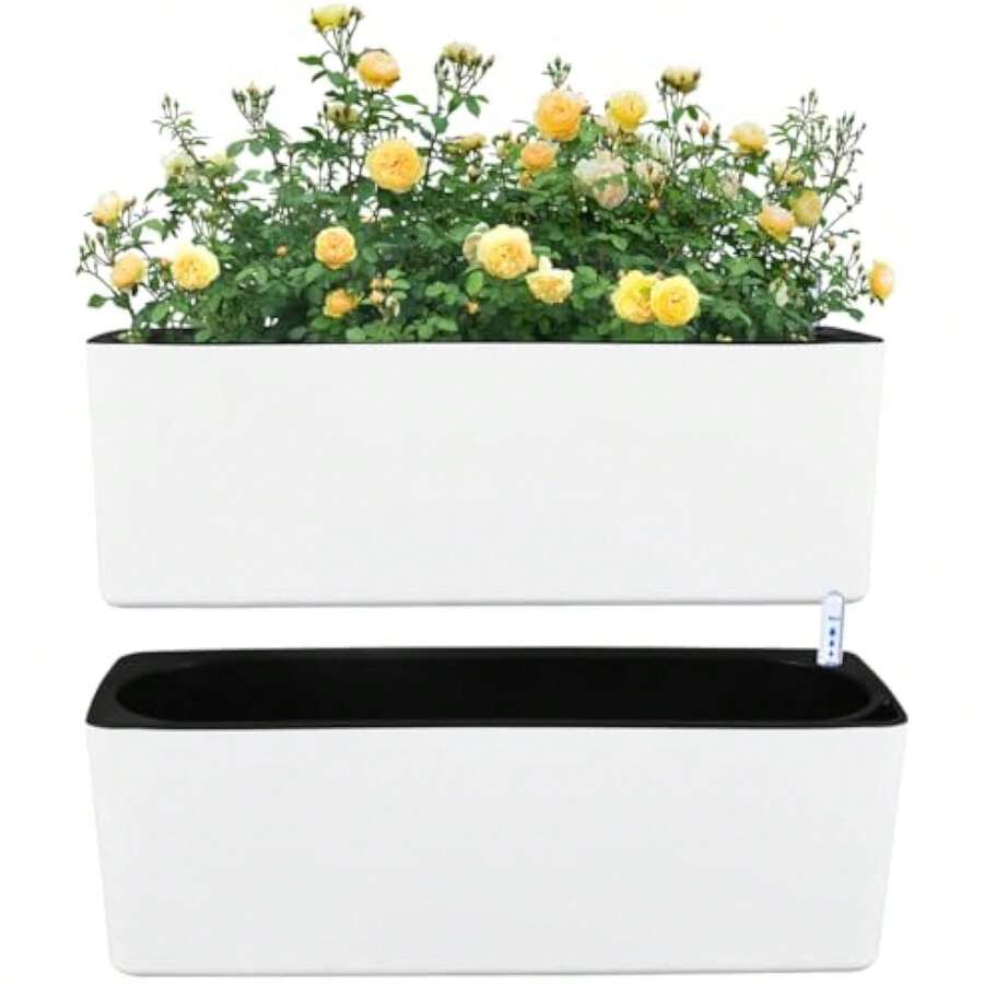 2 Pack Rectangular Planter 15.6 X 5.4 In Self Watering Window Sill Planters Indoor Rectangle Planter Self Watering Plastic Plant Pots With Drainage Holes White Flower Pot - 1 - Xem 1