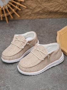 1 双春秋儿童休闲帆布一脚蹬运动鞋，舒适透气，适合户外活动 - 卡其色 - 查看 1