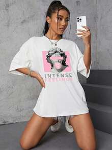 Playeras Overseize Holgada Deportivas Mujer Super Cómoda Casual Manga Corta Cuello Redondo Esculturas De Estampado - Blanco - Ver 3