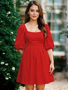 Vestido Corto de Escote Cuadrado con Manga Abullonada Casual para Mujer - Rojo - Ver 3