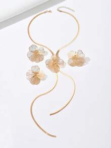 4pcs/1 Pair/1pc Elegant Necklace, Earrings, Ring Jewelry Set For Women, Fashionable European And American Exaggerated Metal Style, Creative Hollow Flower Geometric Shape, Flat Snake Chain, Y-Shaped Long Tassel Necklace, Suitable For Daily Wear, Banquet, Celebration, Versatile Luxury Gift Accessories - Golden - View 2