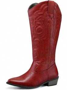 Mysoft Women's Wide Calf Cowboy Boots Pull On Cowgirl Embroidered Mid Calf Pointed Toe Chunky Heel Western BootsChristmas - 紅色 - 查看 1