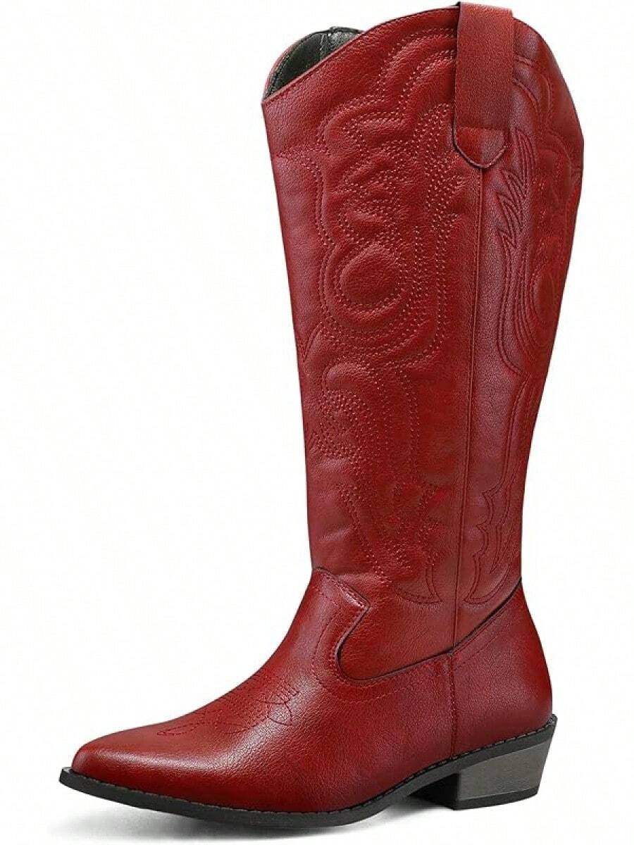 Mysoft Women's Wide Calf Cowboy Boots Pull On Cowgirl Embroidered Mid Calf Pointed Toe Chunky Heel Western BootsChristmas - 紅色 - 查看 1