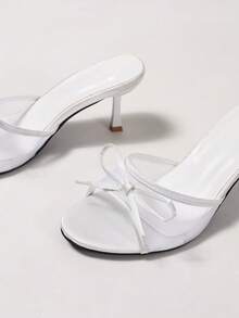 女士网眼面料透气露趾高跟凉鞋，百搭简约设计，蝴蝶结修身细高跟凉拖，夏季新品 - 白色 - 查看 5