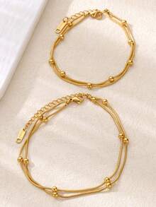 2件套简约双层串珠不锈钢脚链和可调节18K镀金防水手链套装，女士夏季假日珠宝礼物，送给妈妈/闺蜜 - 多款 - 查看 7