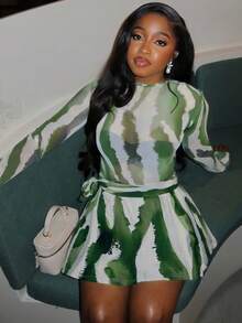 Allover Print Matching Crop Top & Tie Front Skirt Set, Suitable For Dates, Beach - Multicolor - View 3