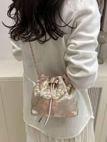 1 件带链条、刺绣和珍珠装饰的抽绳封口面料印花水桶包，可爱花卉单肩手提包，斜挎口红袋，时尚礼品袋，适合女士派对、晚装、日常使用 - 粉色 - 查看 5