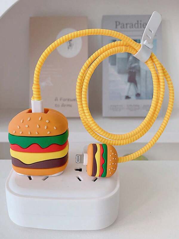 4pcs Cartoon Cute Hamburger & Apple Design Protective Case For IPhone Charger, Cable & Adapter, Suitable For 18/20W Apple Charger And Cable, Tidy Cable Management, Anti-Scratch, Anti-Collision, Anti-Dirt Nan Cable Protector Charger Accessories Phone Accessories
