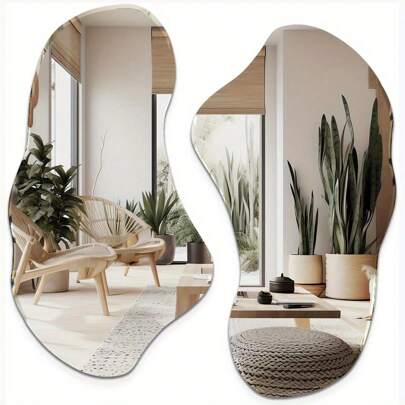 2pcs Irregular Wall Mirrors, Asymmetrical Curved Retro Pop Decoration, Suitable For Living Room/Foyer/Bathroom (Please Confirm If The Actual Size Meets Expectations)
