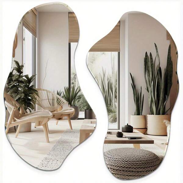 2pcs Asymmetrical Wall Mirror, Asymmetrical Curvy Groovy Blob Decor For Living Room Entryway Bathroom