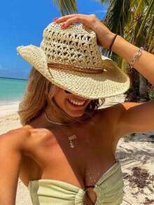 1pc Unisex Solid Hollow Out Cowgirl Hat Sun Hat Wide Brim Handmade Sun Visor Windproof Rope Cowboy Hat Perfect Beach Hat Straw Hat For Outdoor - Multicolor - View 1