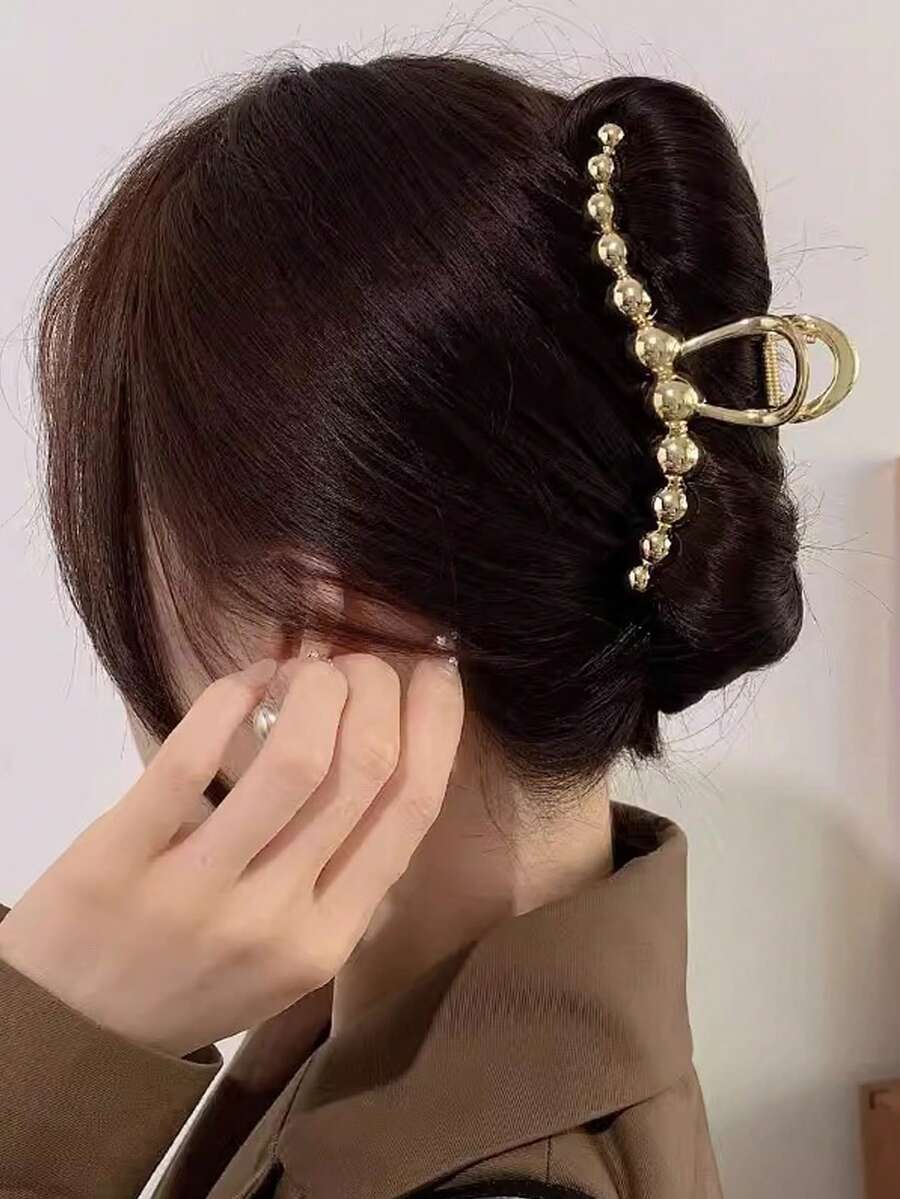 发夹 1 件金属发爪，大号发夹，适合盘发发型，发饰优雅爪夹，学校用品，学院秋季配饰 - 金色珠子 - 查看 1