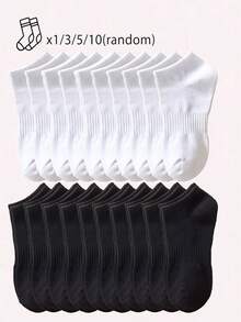 1/3/5/10双装 女士吸湿排汗短袜，踝袜，白色袜子，黑色袜子，普通女士袜子，柔软女士袜子