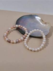 1pc Cultured Freshwater Pearl Beaded Elastic Bracelet, Candy Color Simple & Elegant, Suitable For Women's Daily Wear, Jewelry Gift