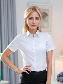 Women's Short Sleeve Business Shirt, Hidden Button Front Professional Office Work Top - White - View 4