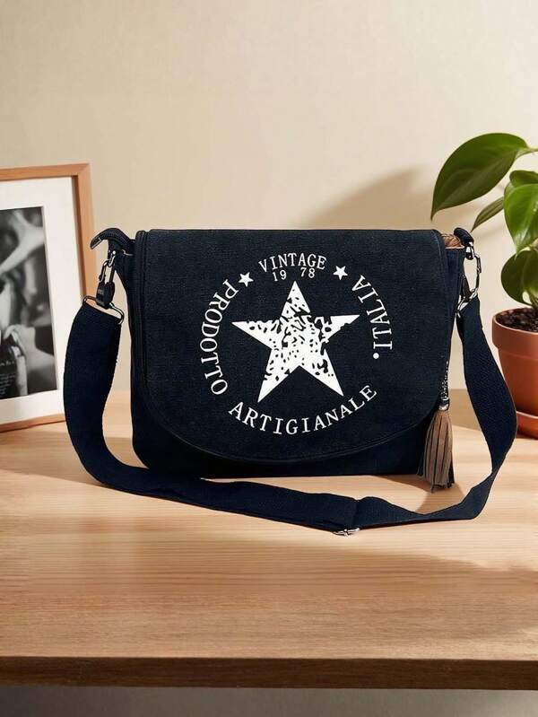 Pentagram Decor Crossbody Bag, Minimalist Design Tassel Zipper Sling Bag For Men, Suitable For Outdoor, Commute, Travel, School