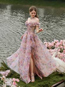 Faeriesty 奢华优雅露肩花卉晚礼服，荷叶边袖子和高开衩，花卉印花欧根纱修身紧身胸衣 - 适合婚礼、花园派对、舞会和浪漫春晚的正式礼服 - 粉色 - 查看 4