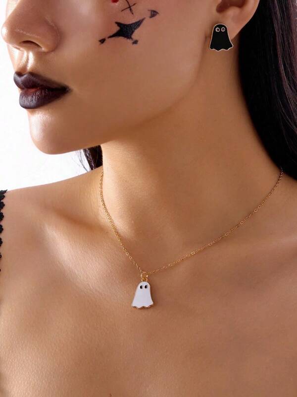 Conjunto de joyas de collar y aretes de fantasma de Halloween, diseño versátil de moda, adecuado con elementos de Halloween como tarjeta de regalo para familiares y amigos