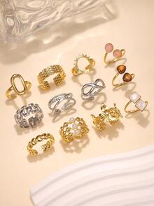 12pcs/Set Stainless Steel Gold Color Fashionable Adjustable Rings With Pink Gift Box, Suitable For Women Everyday Accessories Or Gifts - Yellow Gold - View 2