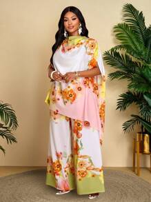 BIUBIU Women's Plus Size Fashionable Solid Color Elegant Stand Up Collar Fashionable Exquisite Bat Sleeves Tropical Print Asymmetrical Hem Shirt And Straight Leg Elegant Pants Set, Suitable For Casual Vacation, Fashionable Commuting Essential Outfit - White Yellow - View 1