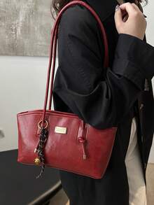 1 件绗缝拉链封口 PU 纯色保龄球包，大容量手提包，新款时尚高品质单肩包，复古风格，非常适合女性日常使用 - 紅色 - 查看 3