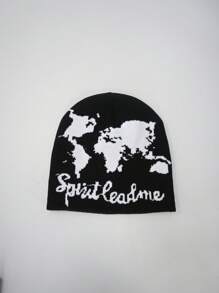 1 件地图图案针织帽，涂鸦时尚百搭帽，适合秋冬，欧盟/美国风格