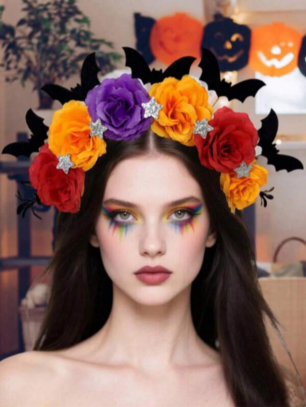 1 pièce Serre-tête de mode pour femmes Halloween avec décoration de fleur et de crâne en forme de chauve-souris, serre-tête de cornes de diable pour Halloween, bandeau, diadème, cerceau à cheveux, horreur