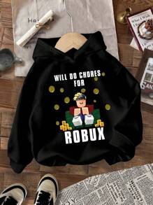 男童休闲日常字母卡通图案保暖卫衣 - 黑色 - 查看 1