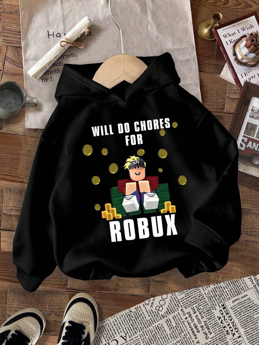 男童休闲日常字母卡通图案保暖卫衣 - 黑色 - 查看 1