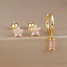 3pcs Square Pink Zirconia Flower Earrings Set For Women 18K Gold Plated Stainless Steel And Copper Helix Screw Cartilage Piercing Party Jewelry Accessories Valentines,Mom,Mother,Mother's Day,Gift