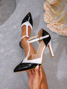 Women's,Classic Color - Blocking,T - Strap Design,Two - Tone,Pointed - Toe,Thin High - Heel,Pumps,Dinner Party Style,Black - White Color Scheme,Leather Material,High - Heels
