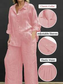 轻盈 Polo 领休闲开衫，百搭纯色优雅上衣，适合海滩、日常、通勤、工作、购物等场合，面料柔软，搭配松紧腰宽松长裤，两件套，春夏秋三季皆宜。 - 粉色 - 查看 2