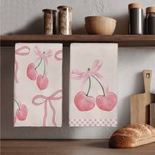 2 件浪漫粉色格子蝴蝶结和樱桃图案厨房巾，15.75 * 23.62 英寸（40 * 60 厘米）超柔软吸水超细纤维洗碗巾、手巾、洗碗布、家居装饰、厨房装饰、烹饪烘焙茶巾、清洁用品，适用于餐厅、厨房、节日装饰和礼品，所有季节