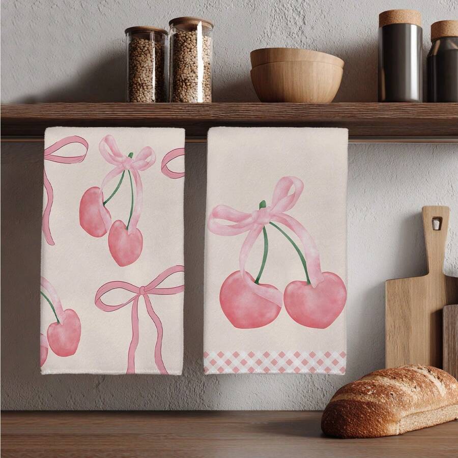 2 件浪漫粉色格子蝴蝶结和樱桃图案厨房巾，15.75 * 23.62 英寸（40 * 60 厘米）超柔软吸水超细纤维洗碗巾、手巾、洗碗布、家居装饰、厨房装饰、烹饪烘焙茶巾、清洁用品，适用于餐厅、厨房、节日装饰和礼品，所有季节