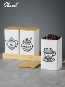 shoxil 1pc Square Coffee Storage Canister - Airtight Bamboo Lid & Metal Body, Suitable For Storing Coffee Beans, Tea Leaves Or Snacks, For Home Use/Coffee