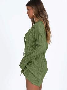 Vestido Curto Feminino de Tricô com Nó na Cintura, Babado na Barra e Cor Sólida, Adequado para Festa, Encontros, Praia, Uso Diário, Casa, Jardim, Estilo de Rua, Primavera, Outono, Inverno