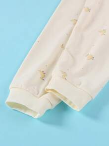 2 piezas/set Pijama de manga larga con estampado de pato de algodón de dibujos animados Thick para niños pequeños, adecuado para ropa de estar en casa y ropa exterior, primavera y otoño