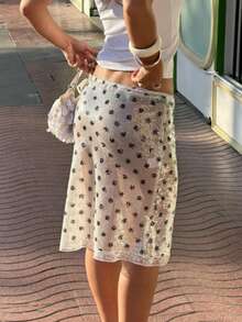 Women's Y2k Sequin Midi Skirts Lace Trim Knee-Length Skirt Sparkly Summer Bodycon Low Rise Skirts See Through Casual Dating Going Out Outfit Beach Vacation Aesthetic Clothes Streetwear Party Clubwear - 白色 - 查看 7