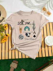 100% Cotton T-Shirt Women's Short-Sleeved T-Shirts, Western Cowboy Pattern T-Shirts, Cowboy Vintage T-Shirts - Màu be - Xem 3
