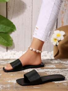 Dép xăng đan đế bằng cho nữ, dép lê mùa hè tối giản bằng da trong suốt, thoải mái, mũi vuông, có quai, kiểu dáng slip-on, màu trơn, đa năng, thích hợp cho cả trong và ngoài trời, đi biển. - màu đen - Xem 2