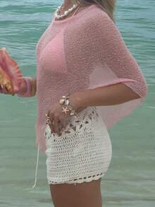 Summer Irregular Knit Cover-Up Crop Top For Women Y2k Aesthetic See-Through T-Shirt Beach Vacation Going Out Tops Womens Crochet Shrug Y2K Hollow Out Bolero Shrug See Through Cropped Top - 紫色 - 查看 2