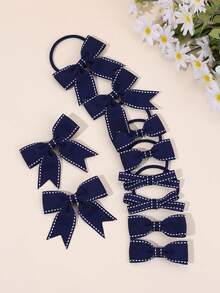 Juego de 10 piezas de pinzas para el cabello y diadema estilo preppy, accesorios para el cabello azul marino para fiesta escolar primer día, accesorios para niñas regreso a clases - Azul Marino - View 3