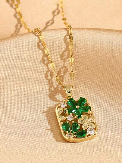 1 Peça Colar Pingente de Flor Verde em Aço Inoxidável, Design Criativo, Mulheres Vintage Minimalista Fofo, Adequado para o Dia de Ação de Graças, Natal, Presente, Uso Diário, Festa, Festival (Embalagem de Sacola OPP Apenas para Fotografia)