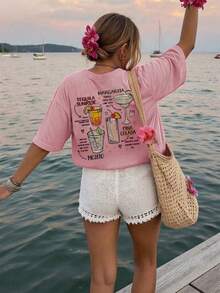T-shirt da donna a maniche corte con grafica di cocktail e slogan, collo tondo, stile casual e versatile da vacanza, abiti estivi di moda adatti per l'uso quotidiano in vacanza