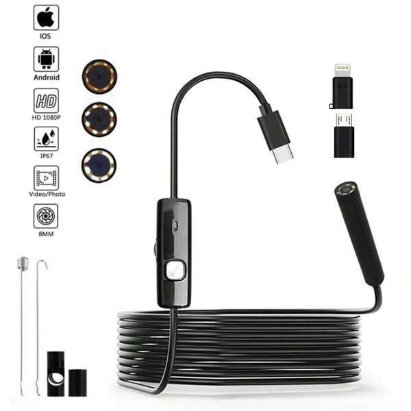 [Industrieendoskop] 8 LED Industrieendoskop Kamera, USB-betrieben, 1m/3m/5m/10m flexibles starres Kabel kompatibel mit iOS und Android, für Pkw- und Klimaanlagenreparatur, aus Kunststoffmaterial, batteriefrei