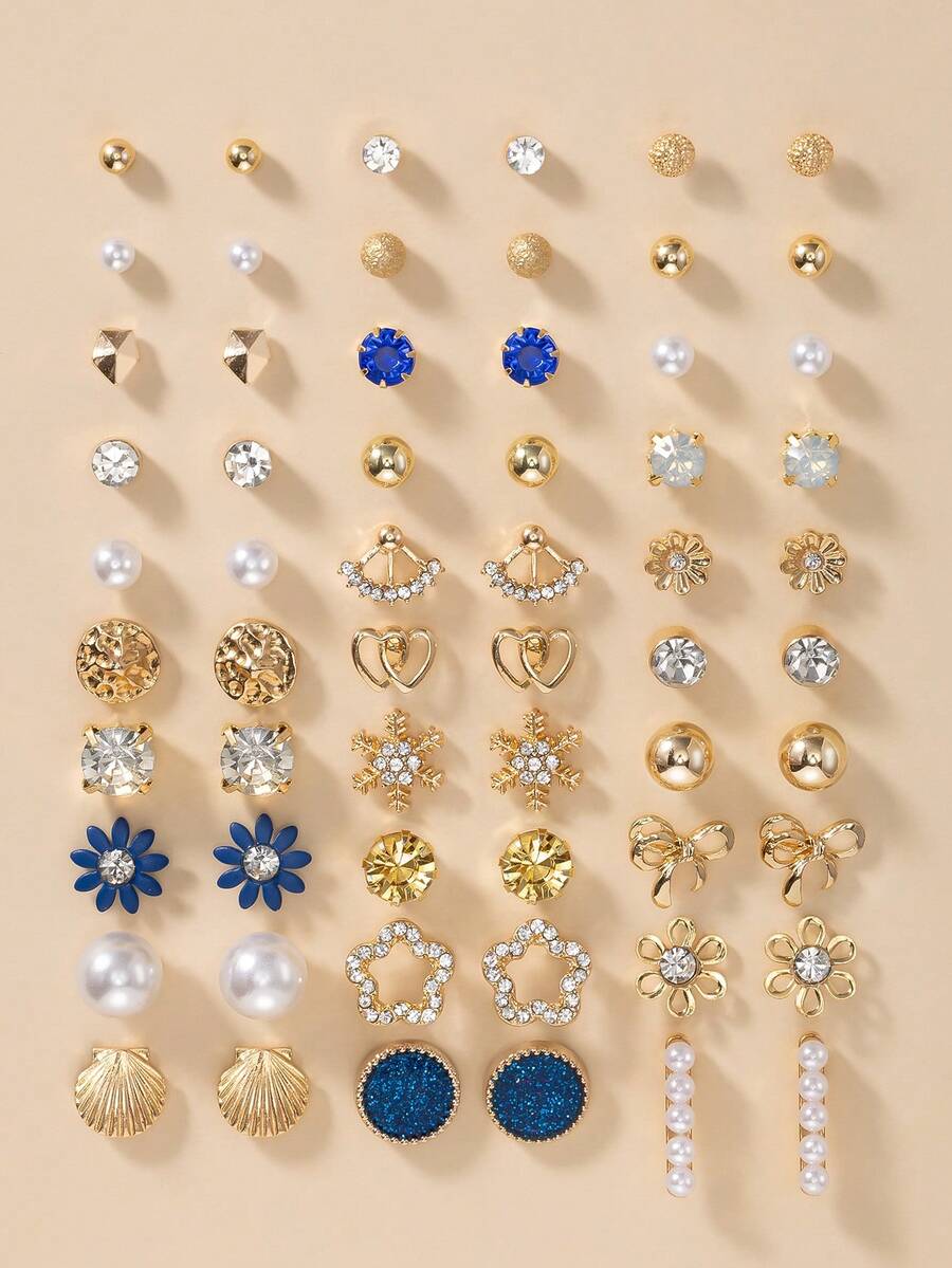 30 对/套雪花、星星、花朵、水钻、蝴蝶结、贝壳、仿珍珠、金属耳钉耳环，时尚可爱，适合日常休闲佩戴，珠宝礼品套装