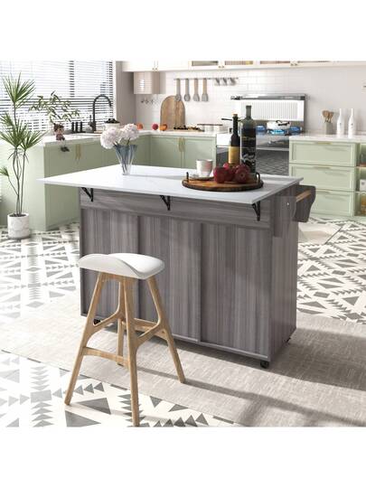 Kitchen Isl Sideboard Marble Effect Worktop, Extendable Tabletop Storage Space, Serving Trolley Wheels Drawers, Ideal Dining Room view 2