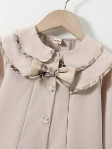 Girls' Plaid Lapel Windbreaker Jacket, Mid-Length, Fashionable, Bowknot Long Sleeve, Versatile Outerwear For Girls, Spring/Autumn