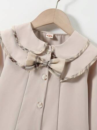 女童格子翻领风衣外套，中长款，时尚蝴蝶结长袖，百搭女童外套，春秋季