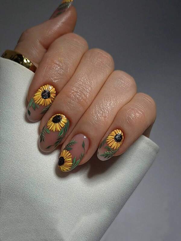 24pcs Medium-Length Almond Press On Nails&Fake Nails, Nude Nail Plates, Sunflower And Branch Patterns, Elegant And Cute Oil Painting Style, It Is A Gift For Girls And Women